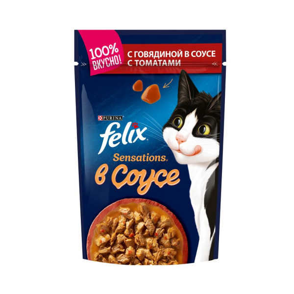 Влажный корм для кошек Felix Sensetions с говядиной и томатом кусочки в соусе  75 гр