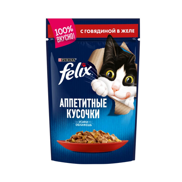 Влажный корм для кошек Felix Аппетитные кусочки с говядиной в желе 85 гр