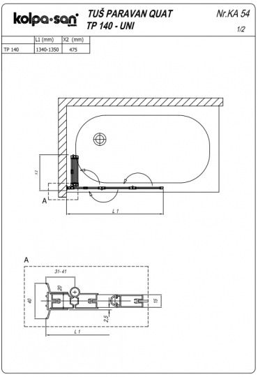 Шторка для ванной Kolpa San QUAT TP 140 (Кват ТП 140) схема 1