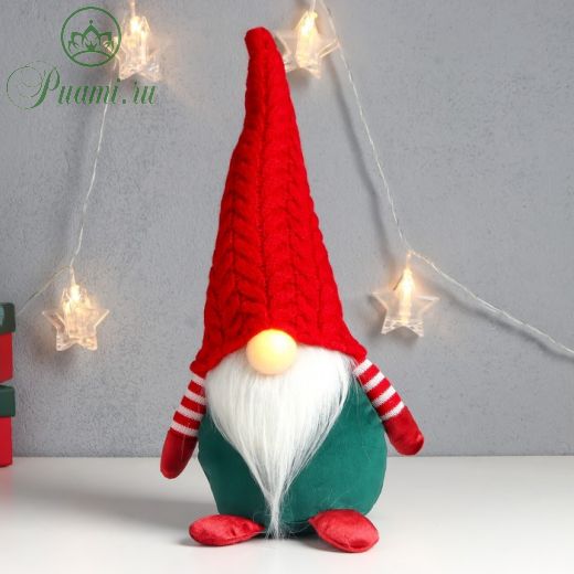 Кукла интерьерная свет "Дед Мороз светящийся нос, в красном колпаке заг-заг" 33х15х12 см