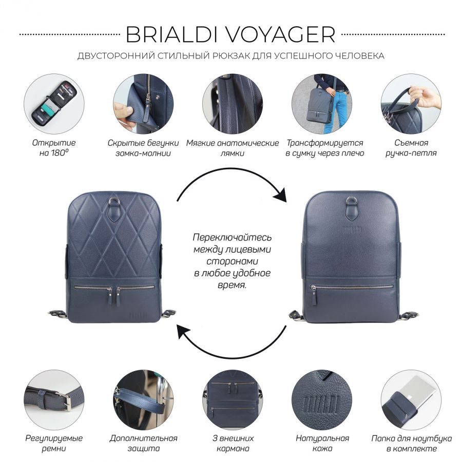 Стильный кожаный рюкзак BRIALDI Voyager (Вояджер) relief navy