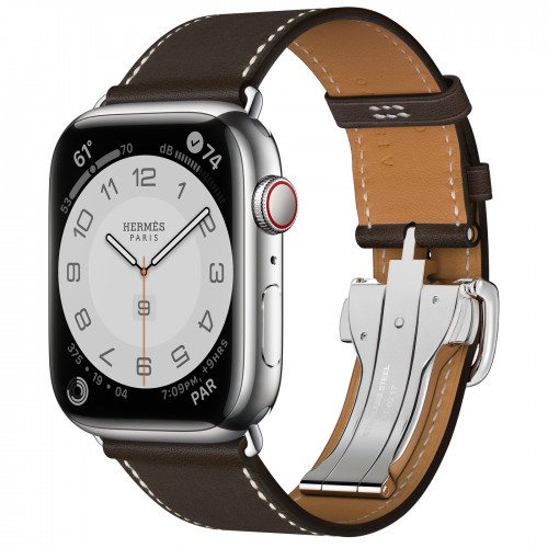 Часы Apple Watch Hermès Series 8 GPS + Cellular 45mm Silver Stainless Steel Case with Ebène Barénia Leather Single Tour Deployment Buckle
