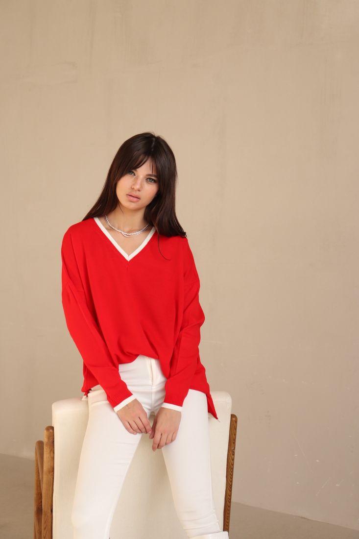 7253 Пуловер удлинённый красный с белыми полосками