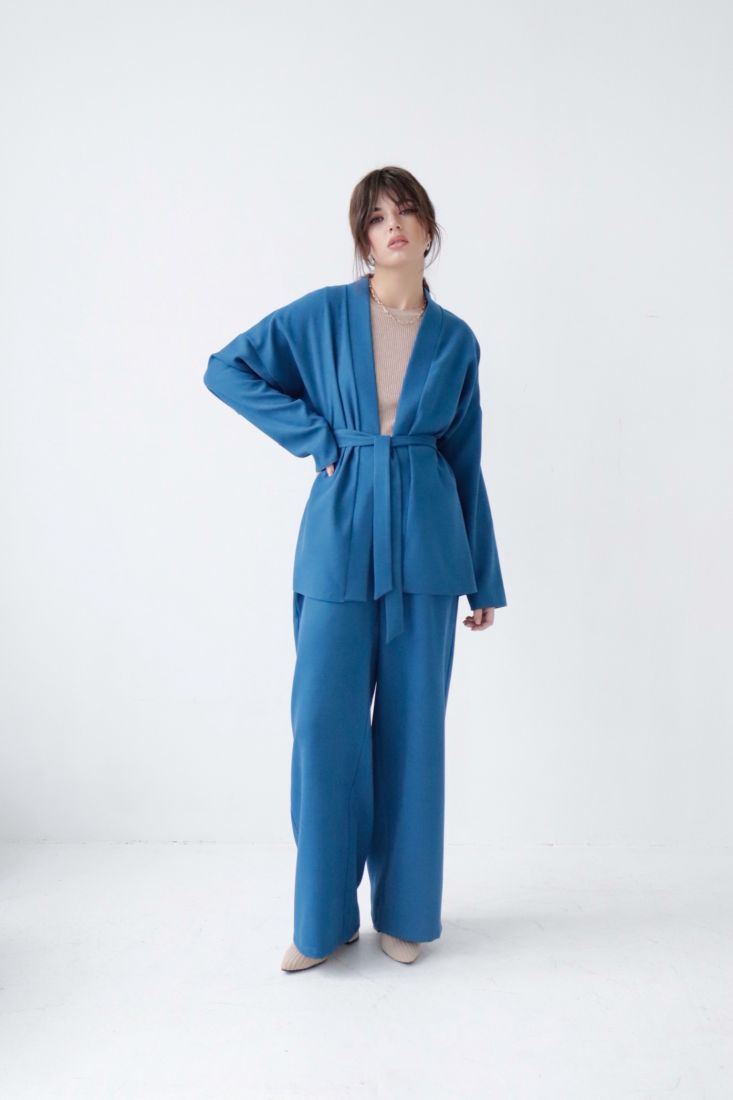 7310 Костюм из кимоно и брюк-палаццо тёмно-голубой