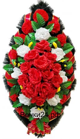 Фото Ритуальный венок из искусственных цветов - Классика #32 из красно-белых роз, гвоздик и папоротника