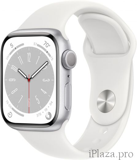 Apple Watch Series 8, корпус из алюминия серебристого цвета, спортивный ремешок белого цвета