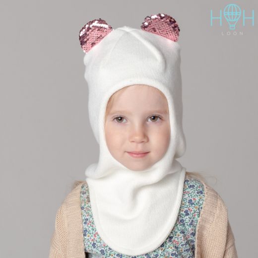 HOH ШЗ20-59111781/90 Шапка-шлем зимняя с ушками мишки из пайеток, молочный