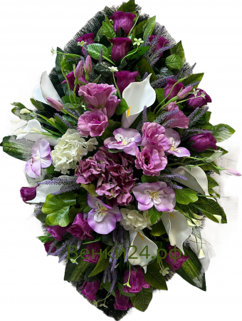 Фото Ритуальный венок из искусственных цветов - Элит #29 сиренево-белый из роз,каллы,орхидей и зелени