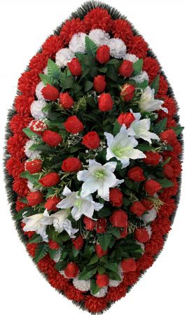 Фото Ритуальный венок из искусственных цветов - Элит #31 красно-белый из лилий, роз, гвоздик и зелени
