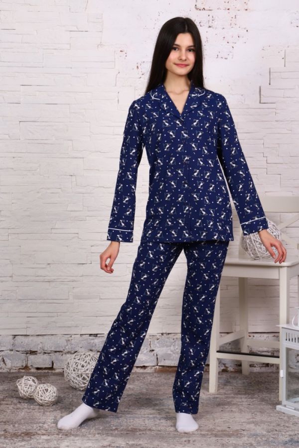 Пижама-костюм для девочки арт. ПД-006 [зайцы на самокатах синие]