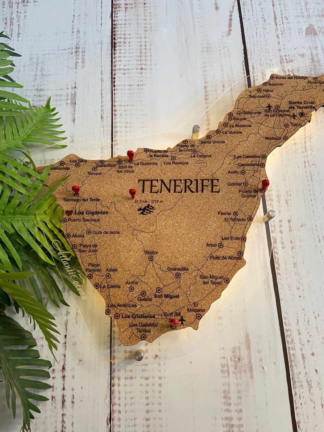 Карта острова Тенерифе одноуровневая пробковая, без покраски, на подложке из орг.стекла