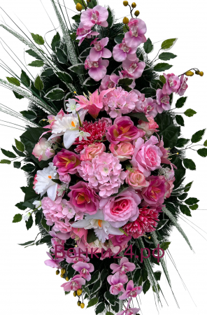 Фото Ритуальный венок из искусственных цветов - Элит #60 розовый из гортензий, лилий, роз и зелени