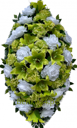 Фото Ритуальный венок из искусственных цветов - Элит #43 из светло-зеленых лилий и гвоздик