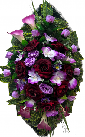 Фото Ритуальный венок из искусственных цветов - Элит #33 бордово-сиреневый из роз,орхидей,калл и зелени