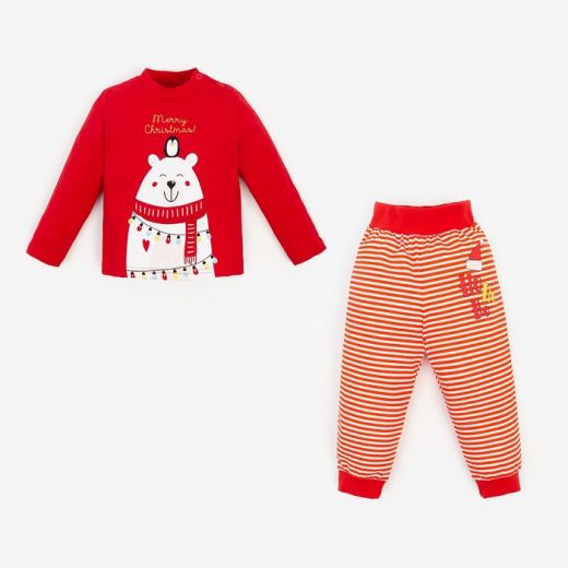 Пижама детская  «Медведь и Пингвин», цвет белый полоска/красный