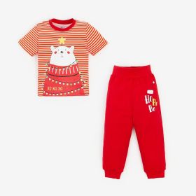 Пижама детская (футболка, брюки) Медведь/полоска, цвет красный/белый