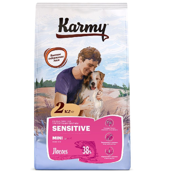 Сухой корм для собак мелких пород Karmy Sensitive Mini при чувствительном пищеварении с лососем