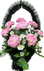 Фото Ритуальная корзина Малая #6 розовая из гвоздик,букета азалии и зелени
