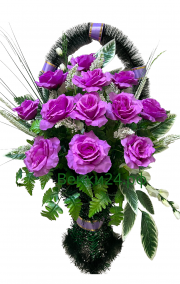 Фото Ритуальная корзина "Полуваза КЛ №4" сиреневые розы и гладиолусы