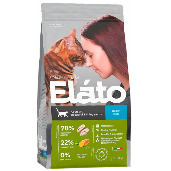 Сухой корм для кошек Elato Holistic забота о шерсти с рыбой