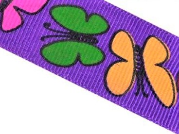 фото Лента репсовая (в рубчик) с рисунком Разноцветные бабочки на фиолетовом 25 мм