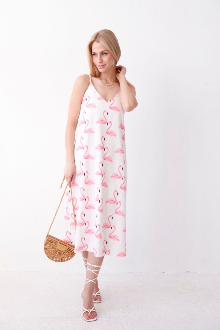 9138 Платье-комбинация с принтом "фламинго"