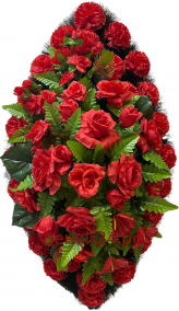 Фото Ритуальный венок из искусственных цветов - Классика #28 красно-зелёный из гвоздик, роз и папоротника