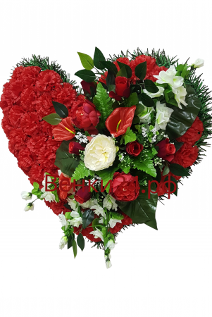 Фото Ритуальный венок Сердце из гвоздик, пионов и розы
