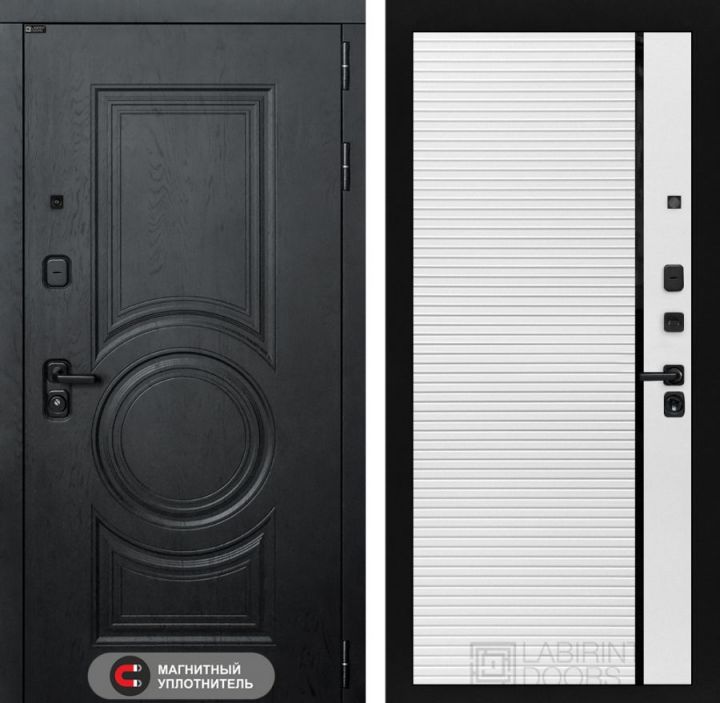 Дверь входная Лабиринт GRAND 22 Белый софт, черная вставка металлическая