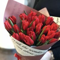 25 красных тюльпанов в оформлении