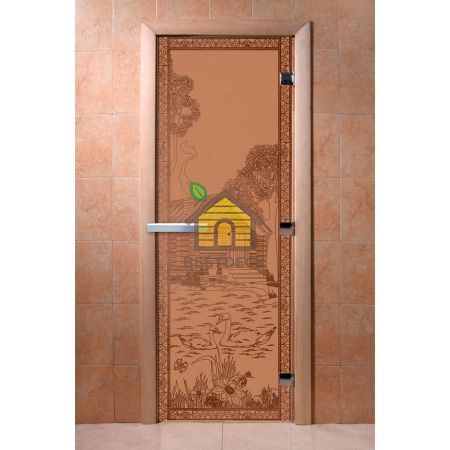 Дверь стеклянная для сауны бани DW "Банька в лесу бронза матовая"