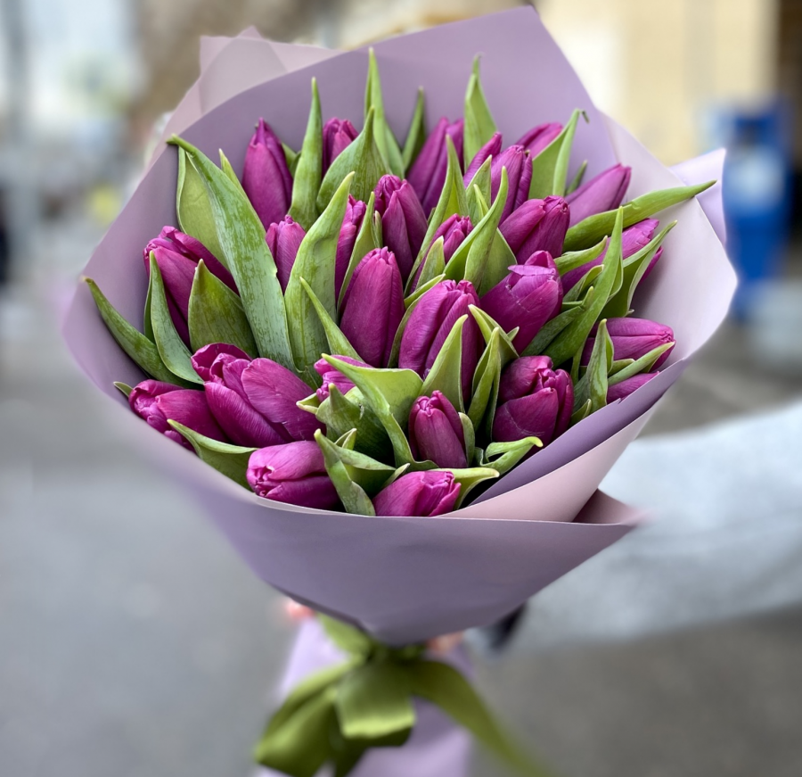 Букет 25 фиолетовых тюльпанов №21