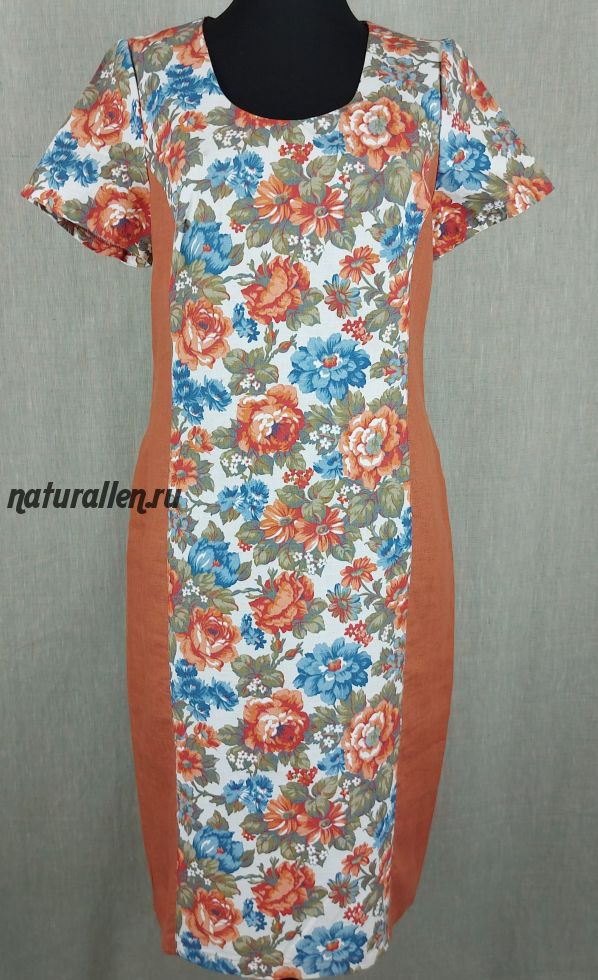 Летнее платье лен 100%  Цветы  (коричневые вставки 2)