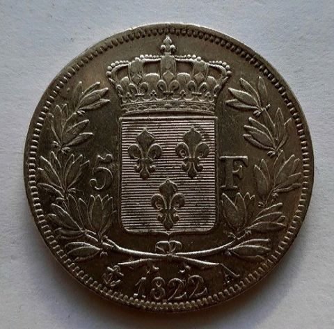 5 франков 1822 Франция AUNC Людовик XVIII