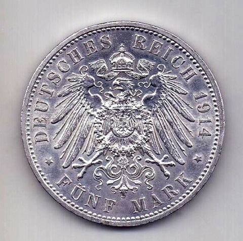 5 марок 1914 Пруссия UNC Германия