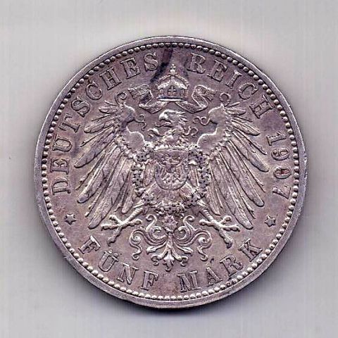5 марок 1907 Баден Германия Редкий год AUNC