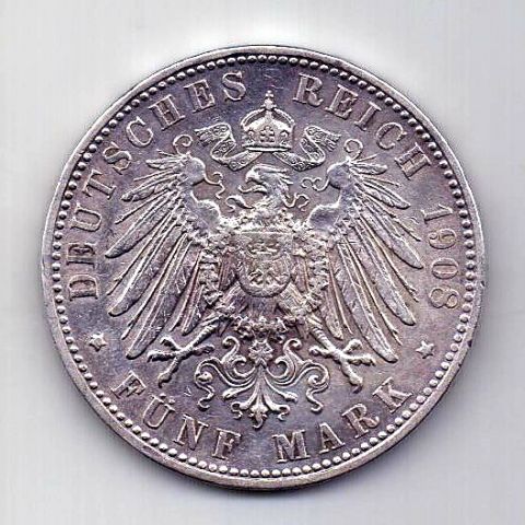 5 марок 1908 Бавария AUNC Германия
