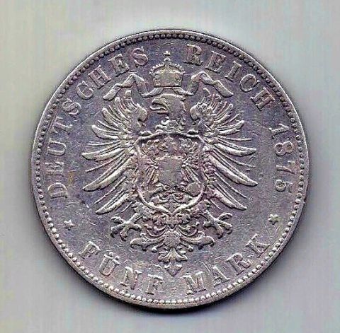 5 марок 1875 Баден XF Германия