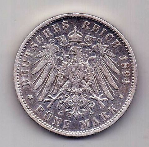 5 марок 1894 Бавария Германия Редкий год XF