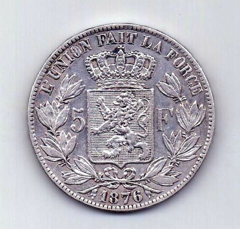 5 франков 1876 Бельгия AUNC Редкий год