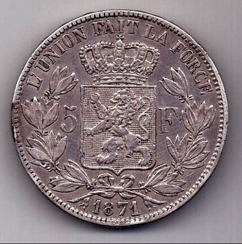 5 франков 1871 Бельгия XF