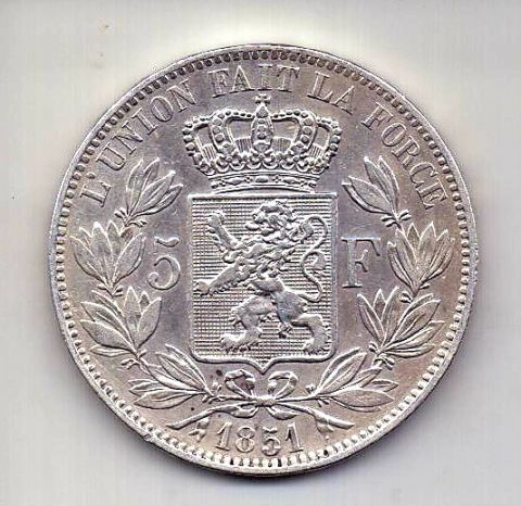 5 франков 1851 Бельгия AUNC