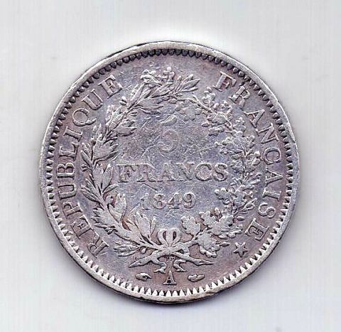 5 франков 1849 Франция XF Редкий год