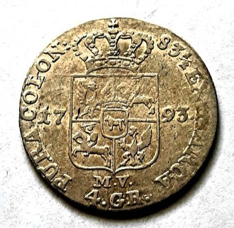 1 злотый 4 грошена 30 грошей 1793 Литва Польша Редкий год AUNC - XF