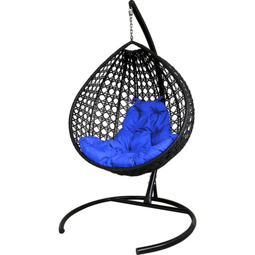 МГККЛР-14-10 Подвесное кресло КАПЛЯ ЛЮКС с ротангом чёрное, синяя подушка