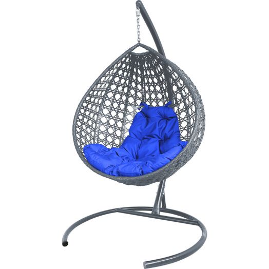 МГККЛР-13-10 Подвесное кресло КАПЛЯ ЛЮКС с ротангом серое, синяя подушка