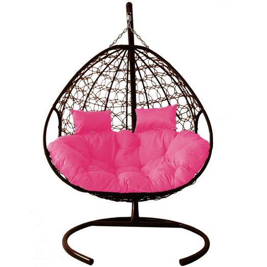 МГПК2-12-08 Подвесное кресло ДЛЯ ДВОИХ с ротангом коричневое, розовая подушка