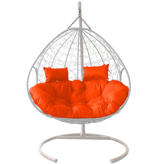 МГПК2-11-07 Подвесное кресло ДЛЯ ДВОИХ с ротангом белое, оранжевая подушка