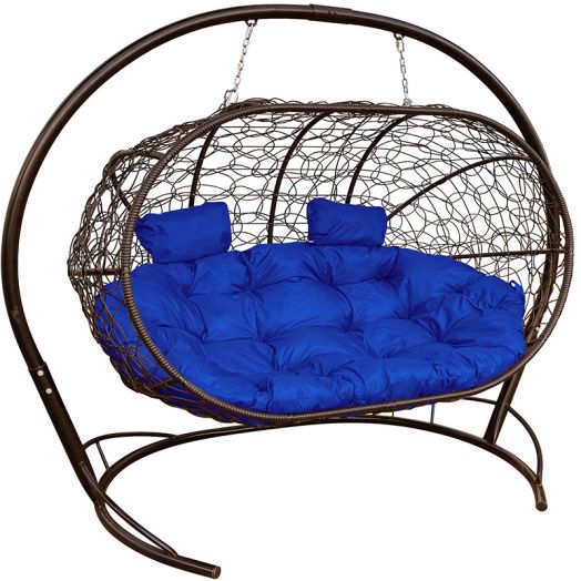 МГПДЛ-12-10 Подвесной диван ЛЕЖЕБОКА с ротангом коричневый, синяя подушка