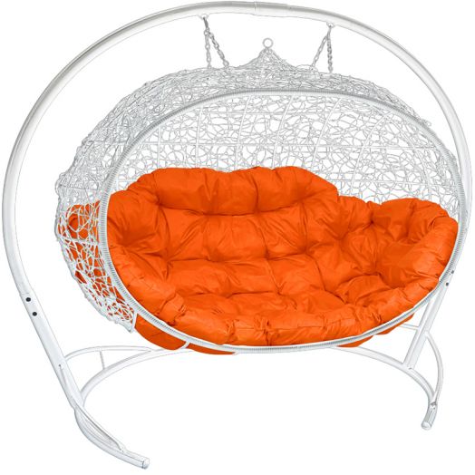 МГПДУ-11-07 Подвесной диван УЛЕЙ с ротангом белый, оранжевая подушка